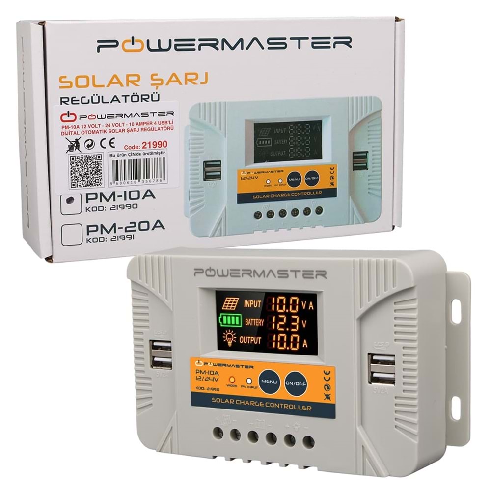 Powermaster PM-10A 12V-24V 10 Amper 4 USB Çıkışlı Dijital Ekranlı Solar Şarj Regülatörü