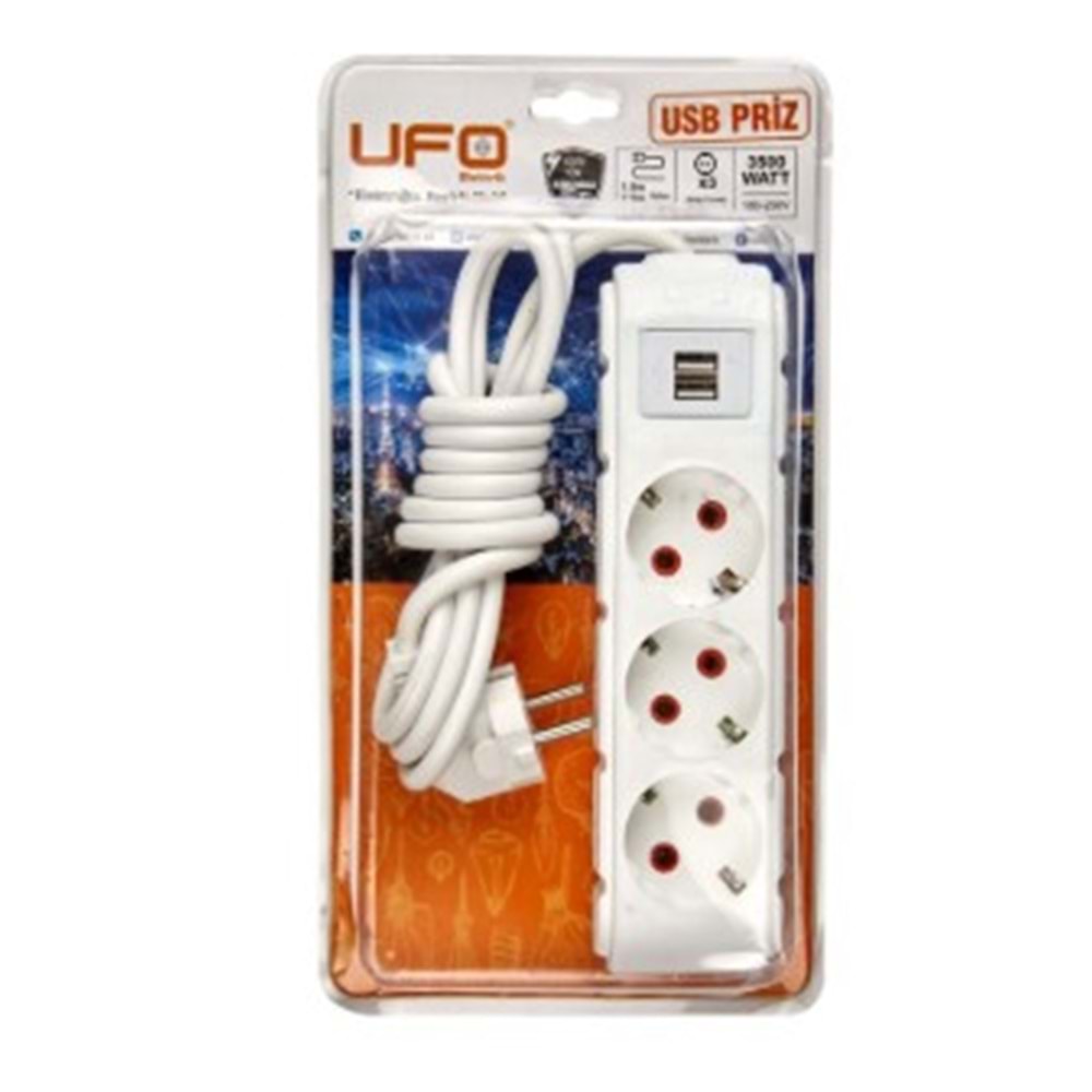 Ufo UFO0009B-USB 1.5 Metre 2 USB Li 3 Lü Anahtarlı Akım Korumalı Priz Beyaz