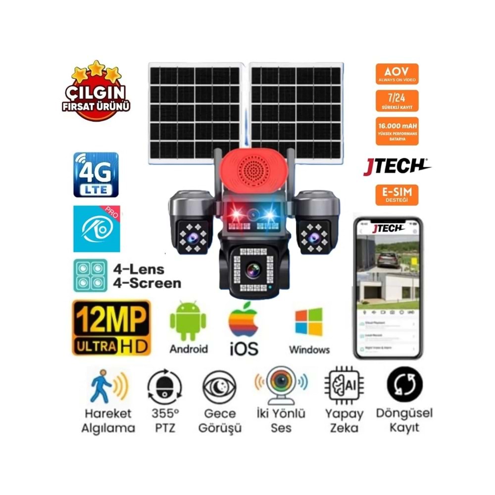 O-Kam OK-337 4 Lens 4G AOV Sirenli Çakarlı Çift Panel Solar Kamera