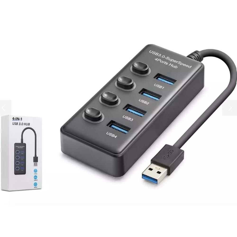 Hadron HDX7048 USB 3.0 Hub Anahtarlı 4 Port 5 Gbps - Siyah