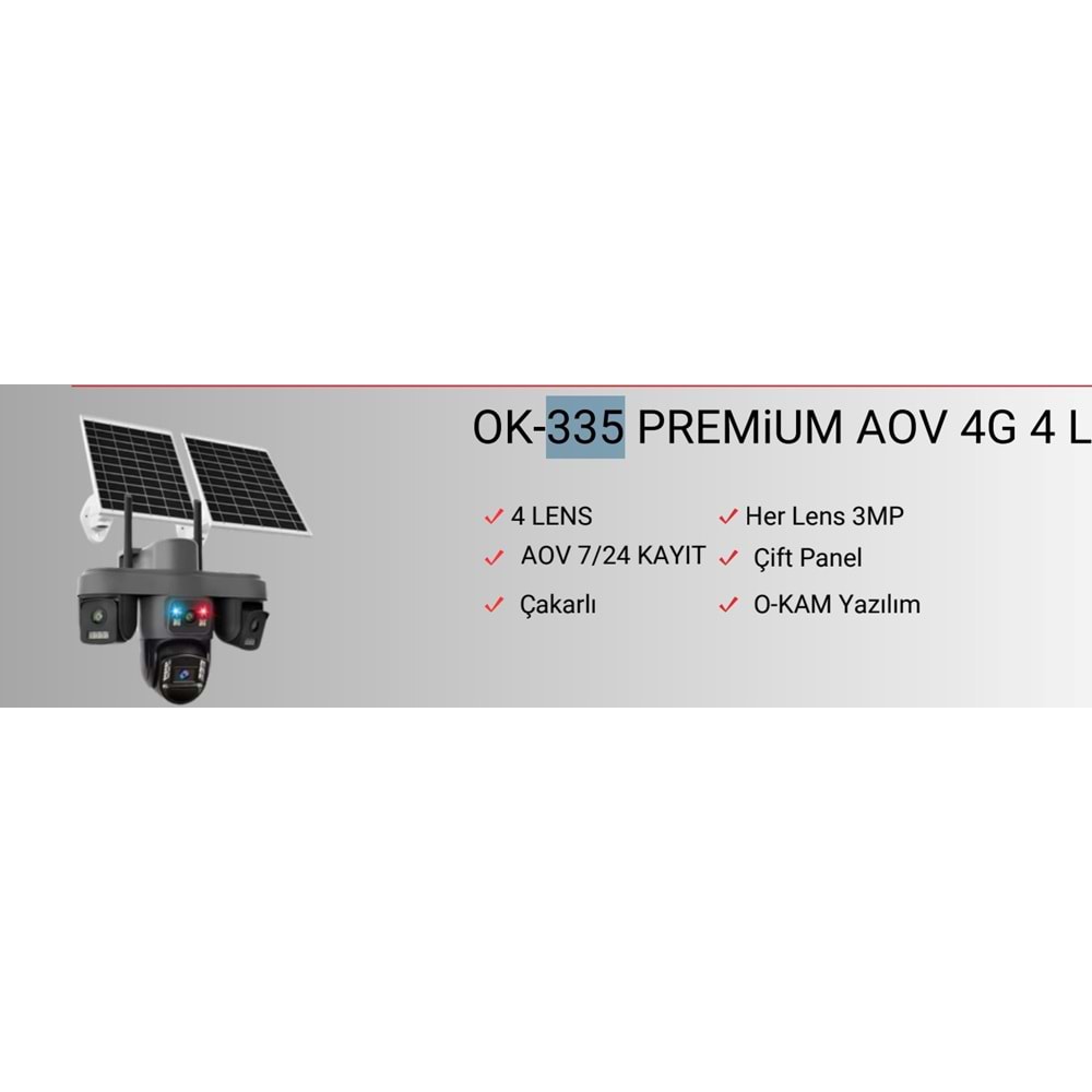 O-KAM OK-335 Premium 4 Kameralı 12mp 4G Sim Kartlı Solar Çift Güneş Panelli Güvenlik Kamerası