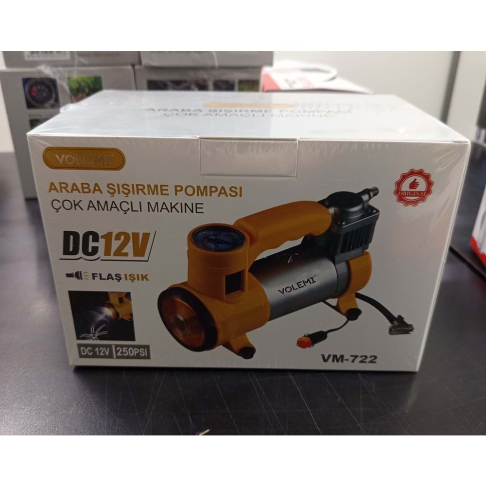 Volemi VM-722 Çok Amaçlı Araç Lastik Şişirme Pompası Hava Kompresörü 12V 250 PSI Çakmaklık Girişli