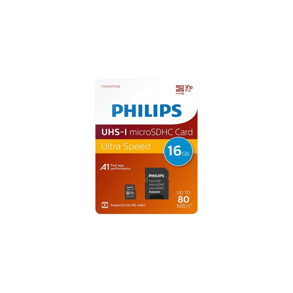 Philips 16GB Micro SDXC Kart + Sd Adaptör - Class 10 Uhs-I U1, 80MB/S Okuma Hızı