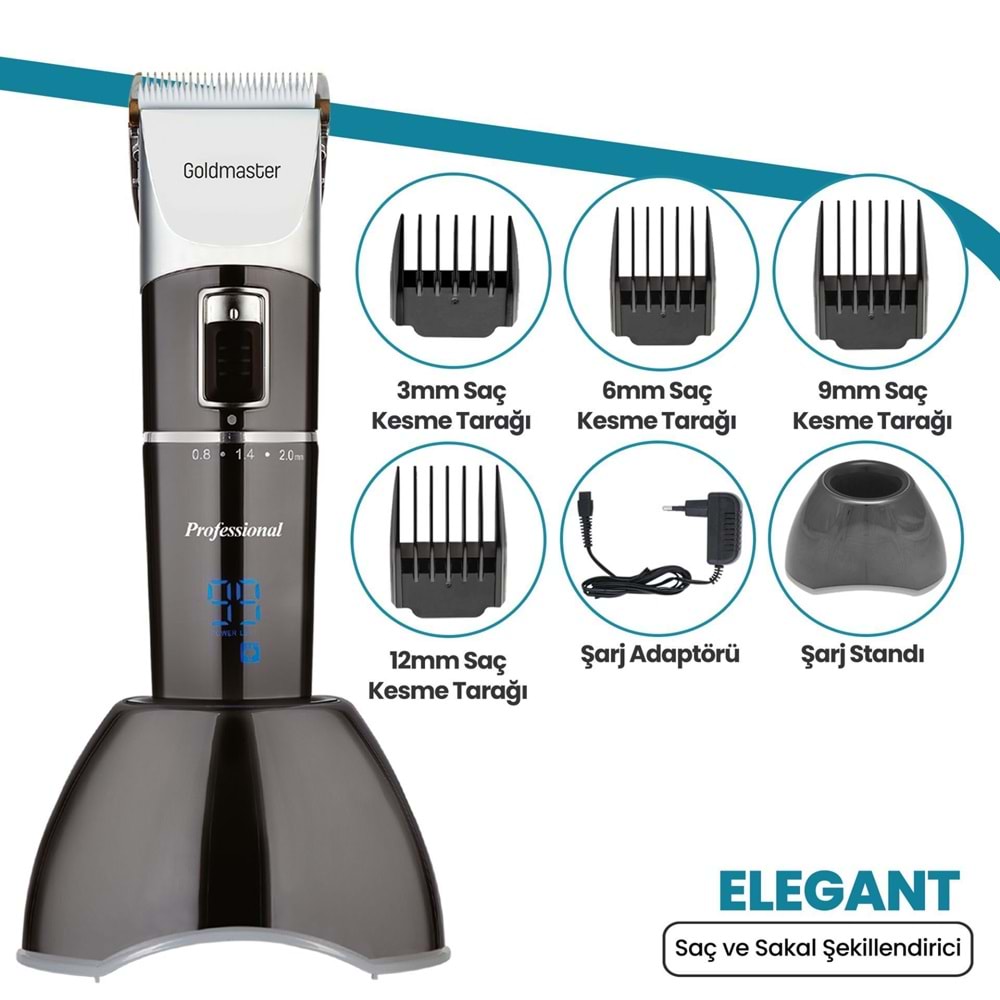 Goldmaster GM-7147 Elegant Led Ekranlı Şarj Standlı Kablosuz Titanyum Bıçaklı 20 Kademeli Saç Sakal Kesme Makinesi