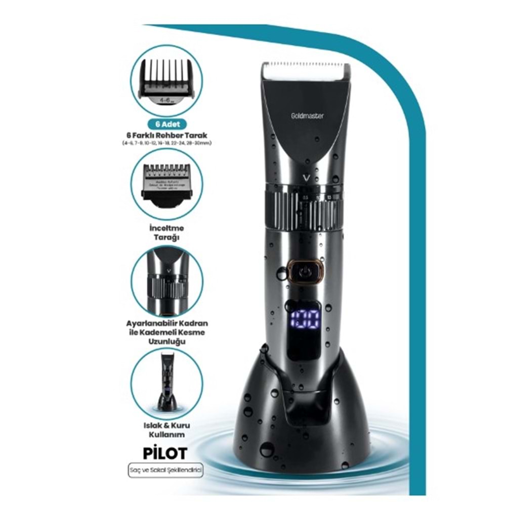 Goldmaster GM-8127 Pilot Led Ekranlı Şarj Standlı Islak Kuru Ayarlanabilir Kadranlı 10 in 1 Saç Kesme Makinesi