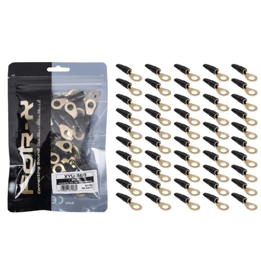 For-X XYU-88B 8GA 8mm Siyah Yuvarlak Kablo Ucu Pabuç - 50 Li Paket Halinde