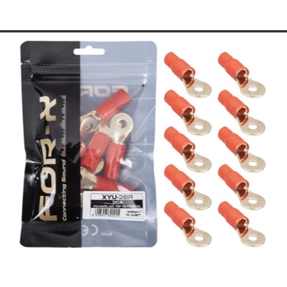For-X XYU-28R 2GA 8mm Kırmızı Yuvarlak Kablo Ucu Papuç - 10 Lu Paket Halinde