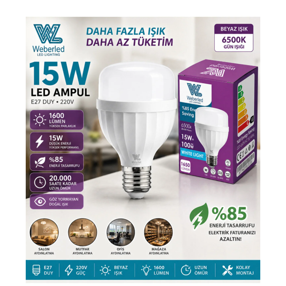 Weberled E27 15W LED Ampul Beyaz Işık 220V 1600 Lümen Tasarruflu Ampul