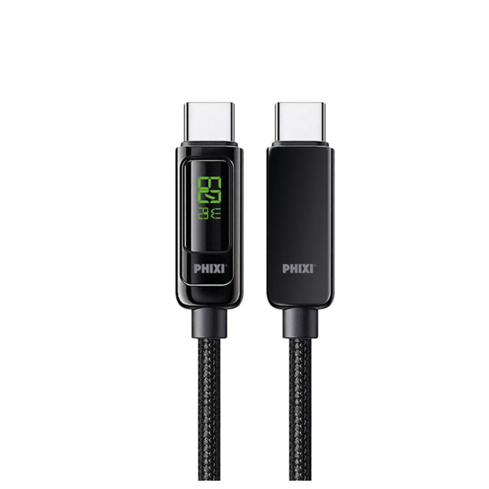 Phixi Ultimate UPD4160T 60W LCD Ekranlı Hasır Örgü Type-C to Type-C Hızlı Şarj ve Data Kablo