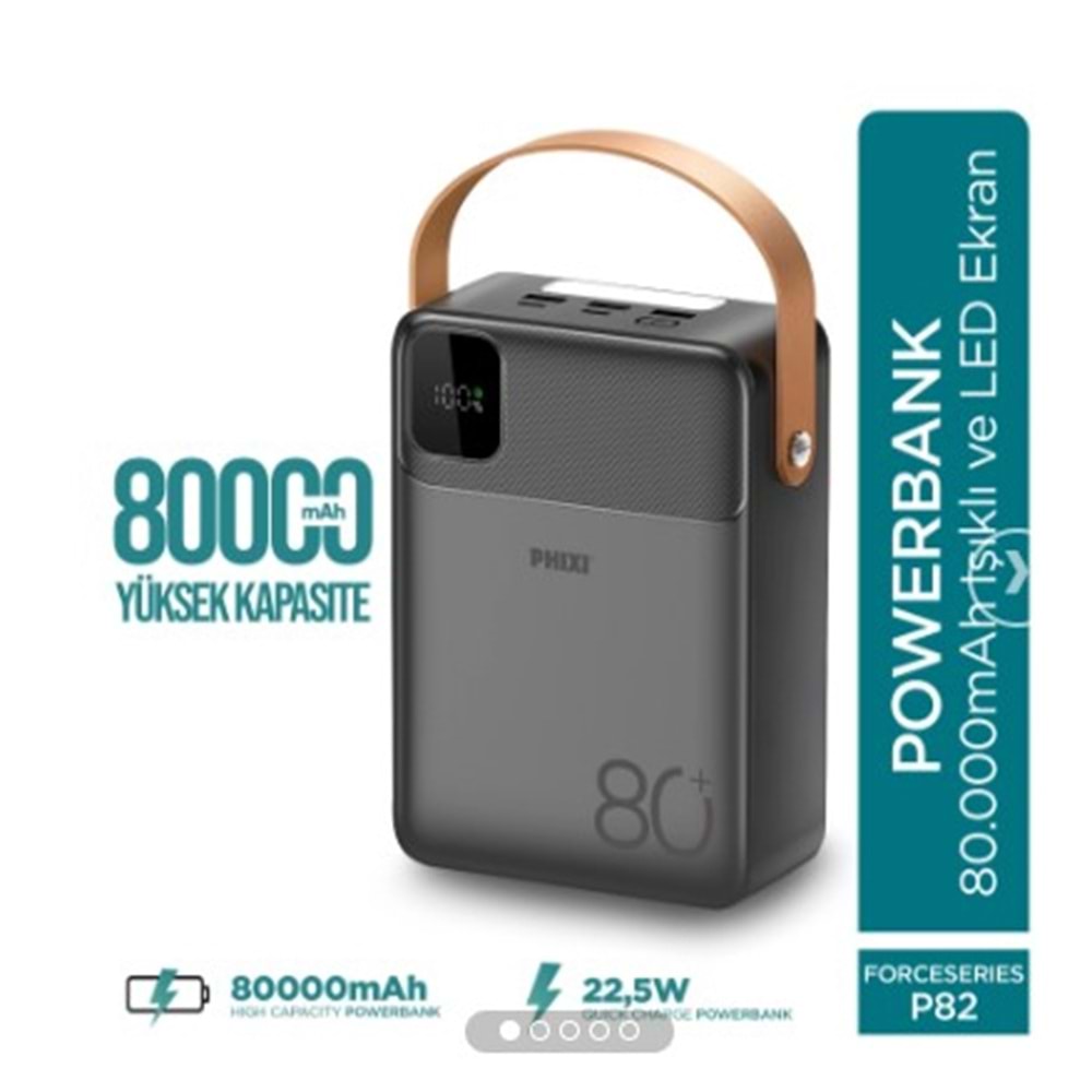 Phixi Ultimate P82 - 80000mAh - Hızlı Şarj - Işıklı - LCD Ekranlı - Dahili Kablolu - Powerbank