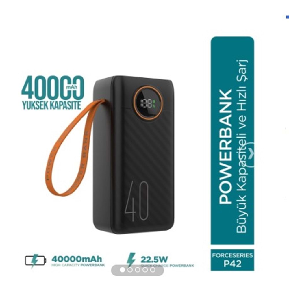 Phixi Force P42 40000mAh 22.5W Hızlı Şarj Cihazı - Dahili Kablolu - Fast Powerbank - Dijital Ekran - Taşınabilir Şarj Cihazı