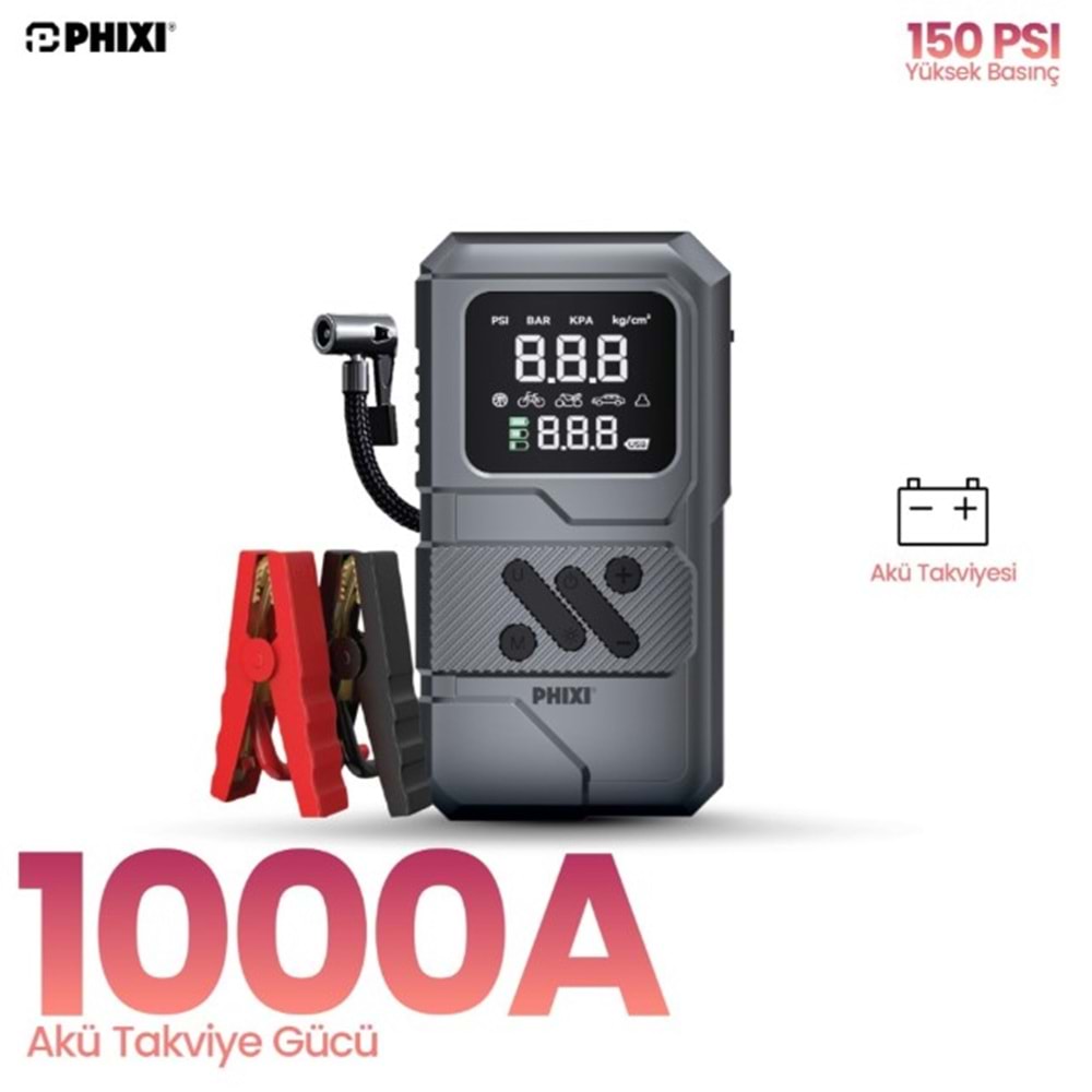 Phixi Smart CP9 250 PSI 8000 mAh Akü Takviyeli Şarjlı Hava Kompresörü