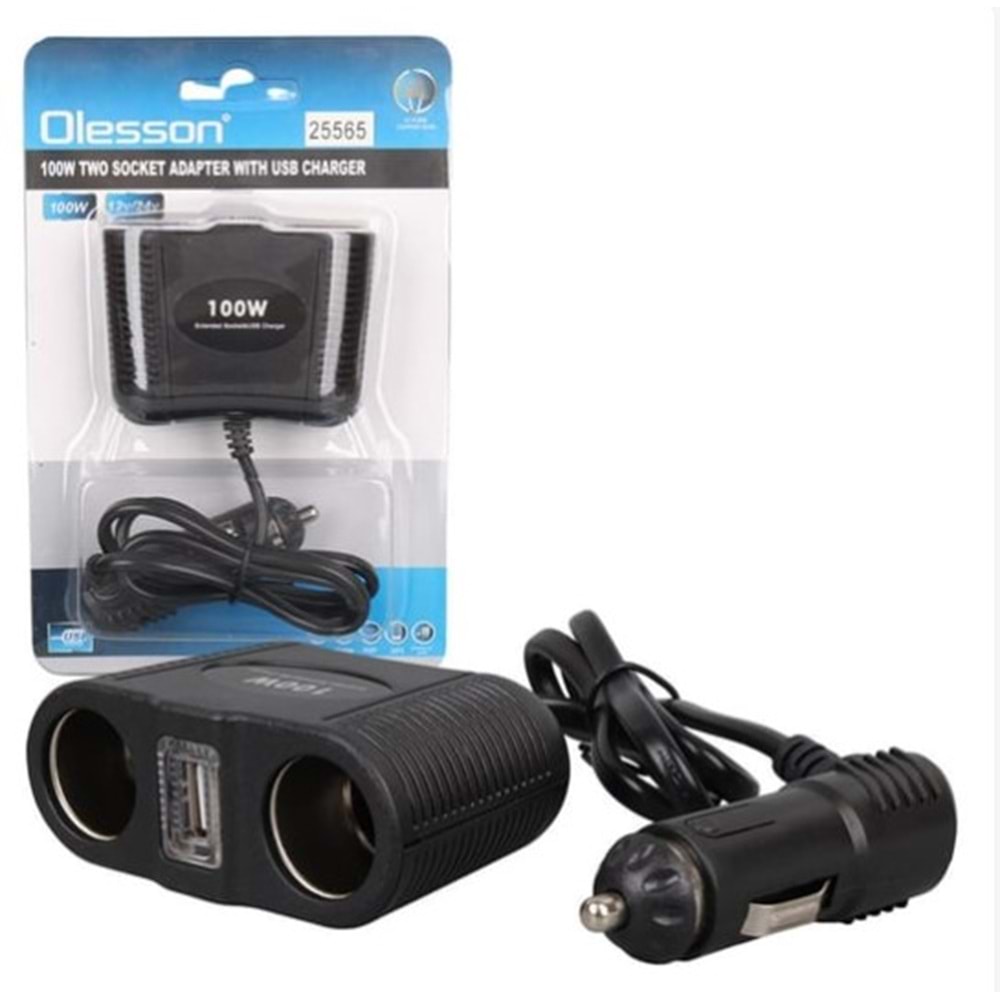 Olesson 1645 12-24V Tek USB Girişli 100W 70cm Kablolu 2'li Araç Çakmak Çoklayıcı