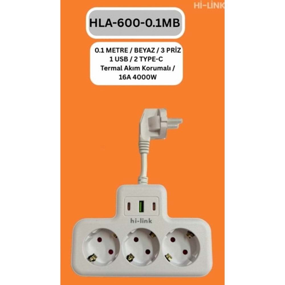 Hi-Link HLA-600-01B 20cm/3 Priz/1 Usb/2 Type-C/Beyaz/Termal Akım Korumalı Priz