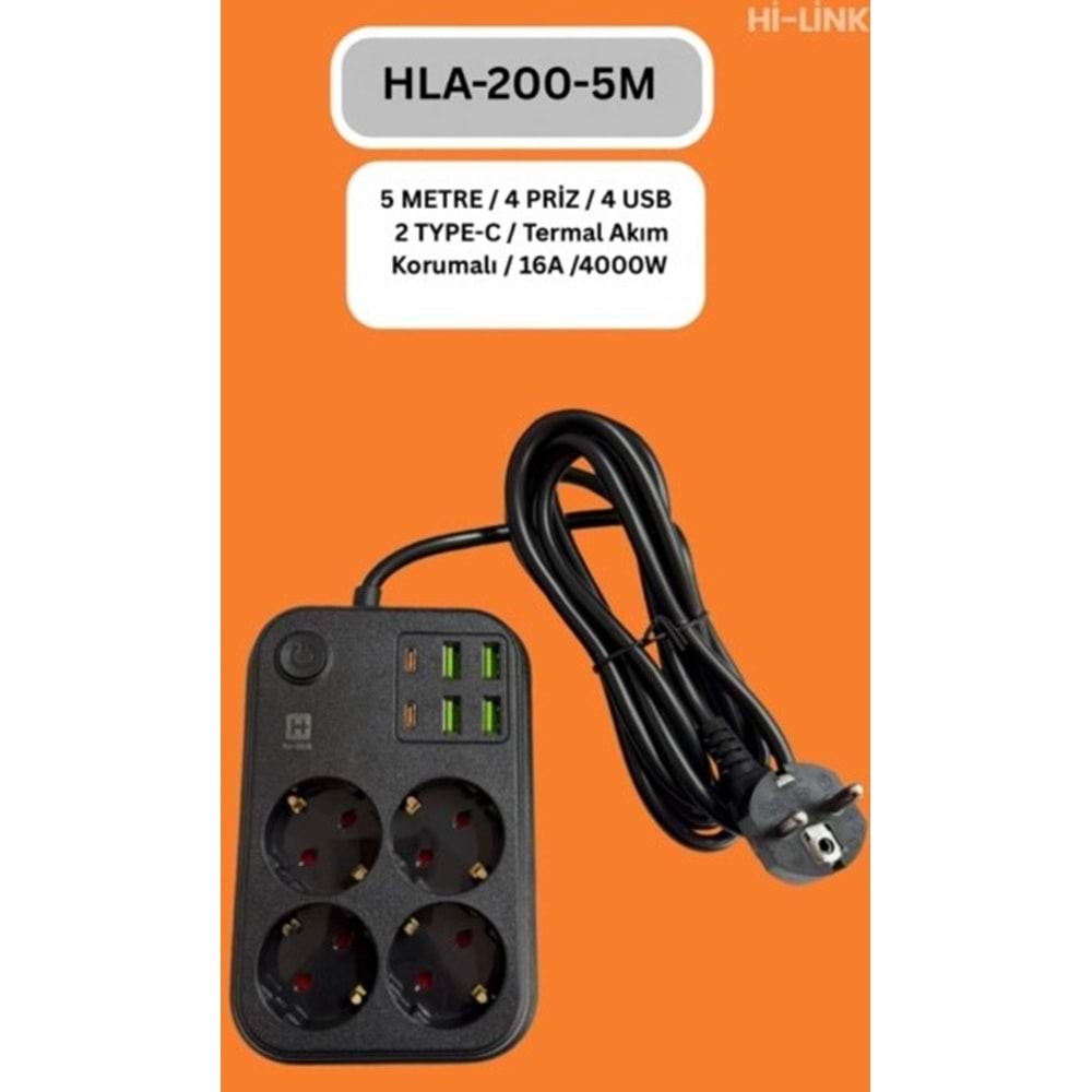 Hi-Link HLA-200-5 5Mt/4 Priz/4 Usb/2 Type-C/Siyah/Termal Akım Korumalı Priz