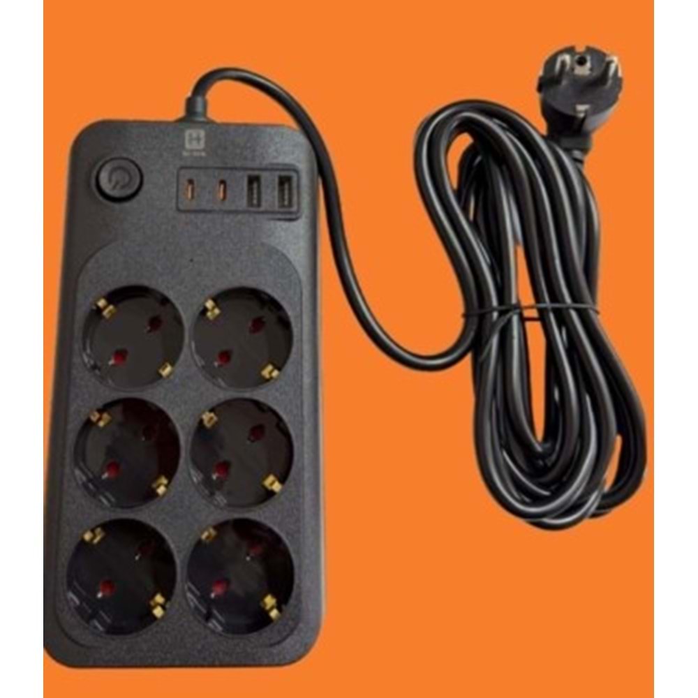 Hi-Link HLA-200-3 3Mt/6 Priz/4 Usb/2 Type-C/Siyah/Termal Akım Korumalı Priz
