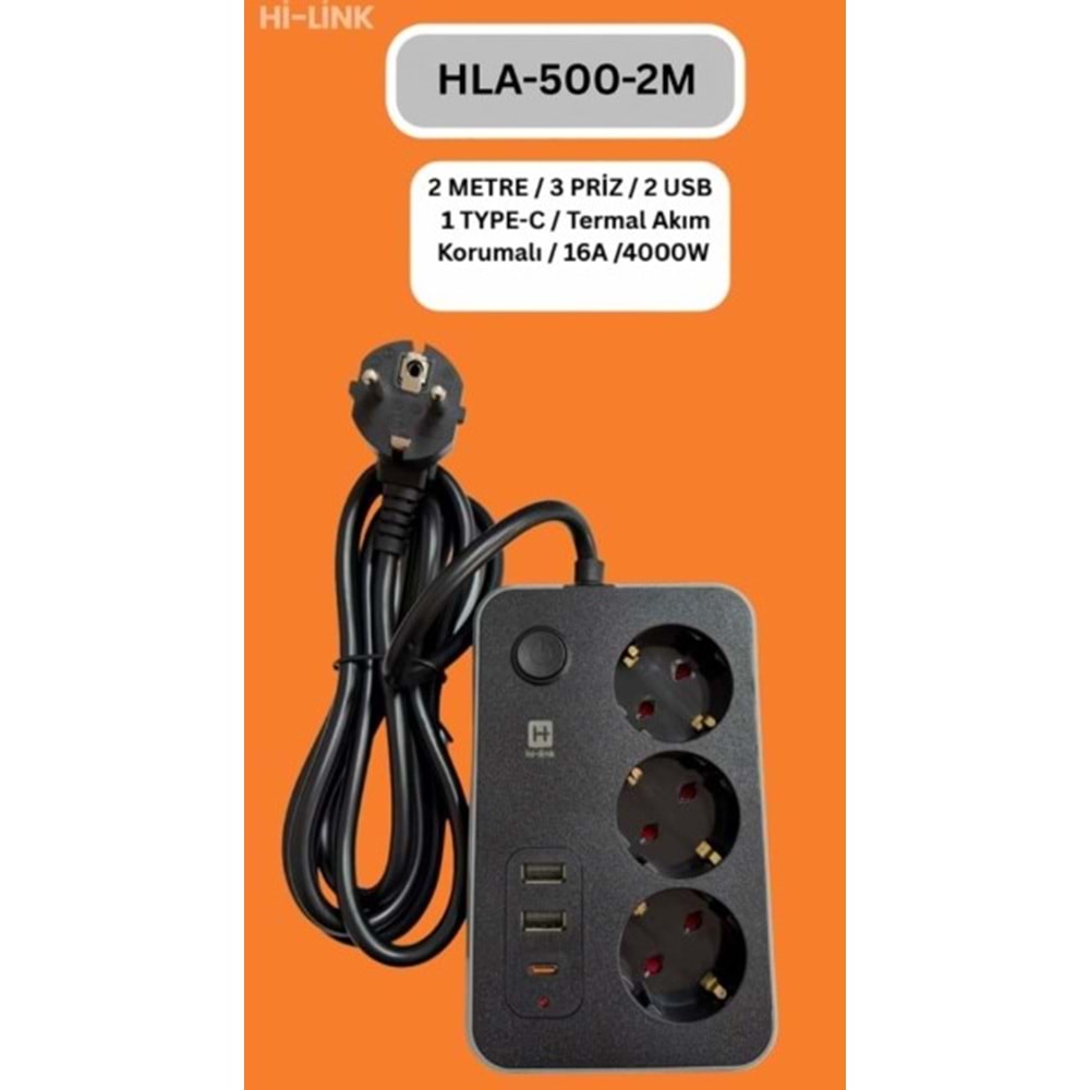 Hi-Link HLA-500-2 2Mt/3 Priz/2 Usb/1 Type-C/Siyah/Termal Akım Korumalı Priz