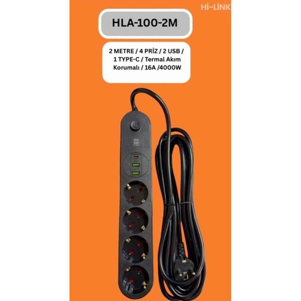 Hi-Link HLA-100-2 2Mt/4 Priz/2 Usb/1 Type-C/Siyah/Termal Akım Korumalı Priz