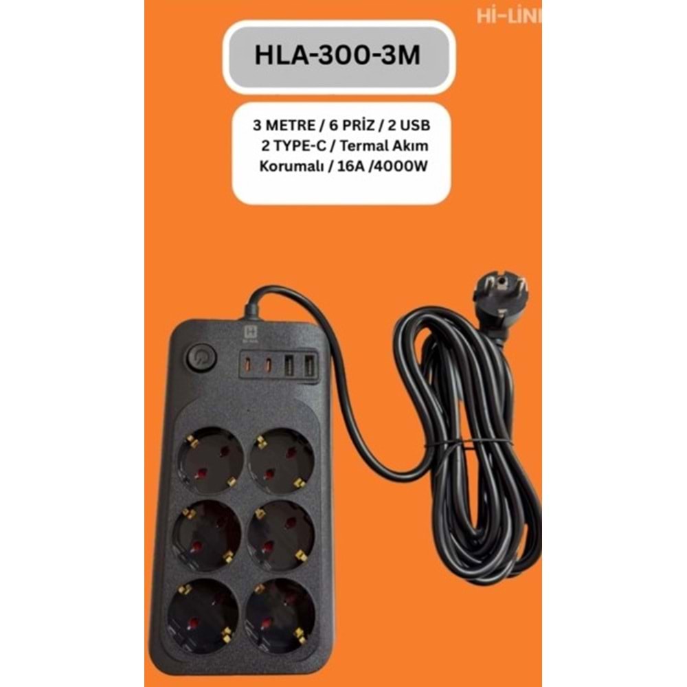 Hi-Link HLA-300-3 3Mt/6 Priz/2 Usb/2 Type-C/Siyah/Termal Akım Korumalı Priz
