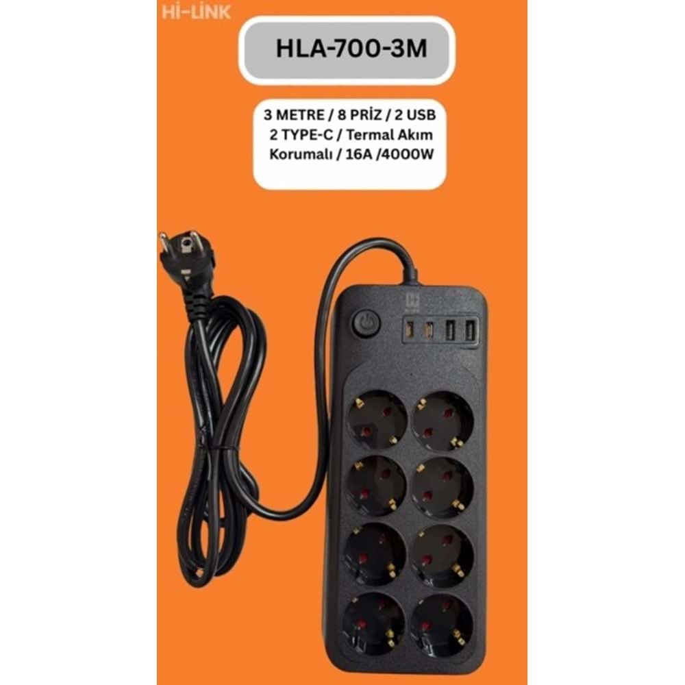 Hi-Link HLA-700-3 3Mt/8 Priz/2 Usb/2 Type-C/Siyah/Termal Akım Korumalı Priz