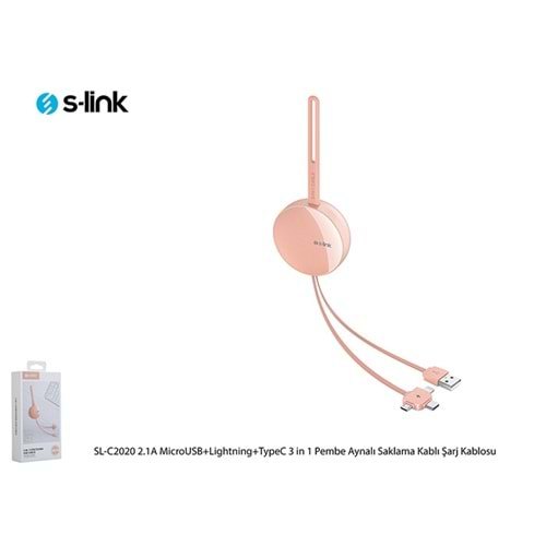 S-link SL-C2020 2.1A Micro Usb+Lightning+Type-C 3 in 1 Pembe Aynalı Saklama Kablı Şarj Kablosu