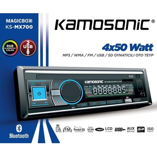 Kamosonic KS-MX700 4x50 Watt Bluetooth+Mp3+Wma+Fm+Usb+Sd Oynatıcılı Oto Teyp