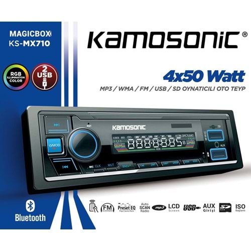 Kamosonic KS-MX710 4x50 Watt Bluetooth+Mp3+Wma+Fm+Usb+Sd Oynatıcılı Oto Teyp