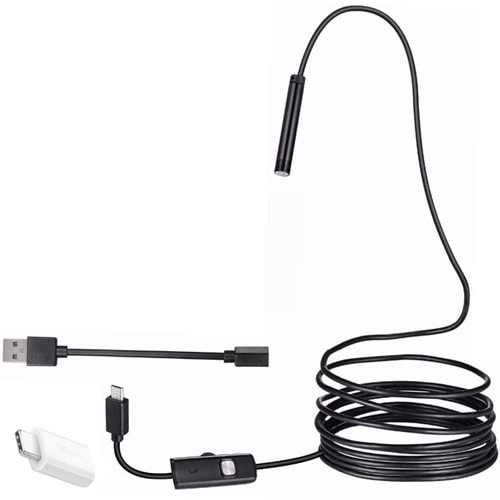 Powermaster 6026 3 in 1 Micro Usb+Type-C+Pc 7 mm Işıklı 5 Metre Endoskop Yılan Kamera Android Uyumlu