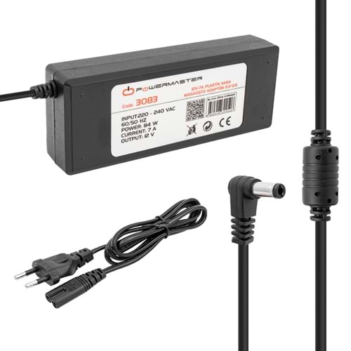 Powermaster PM-3083 12 Volt 7 Amper 5.5mm x 2.5mm Plastik Kasa Masa Üstü Adaptör