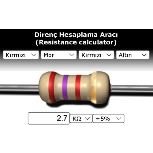 2.7 KOhm 1/4 Watt Direnç - 10 Lu Paket Halinde