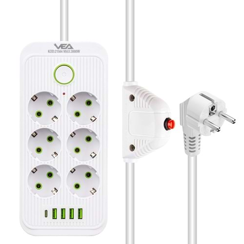 Vea VA-21564 6 Lı + 4 Usb Li + Type C 1.5 Metre Kablolu Anahtarlı Beyaz Akım Korumalı Priz