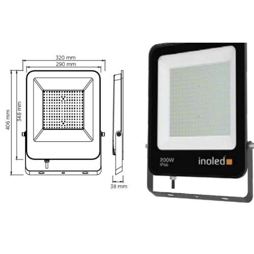 İnoled 7220-01 200W 6500K Egra Serisi IP66 Beyaz Led Projektör