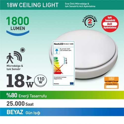 NextLed YE-ECLY-18WB 18W Beyaz Sensörlü Acil Aydınlatmalı Led Armatür Spod Led