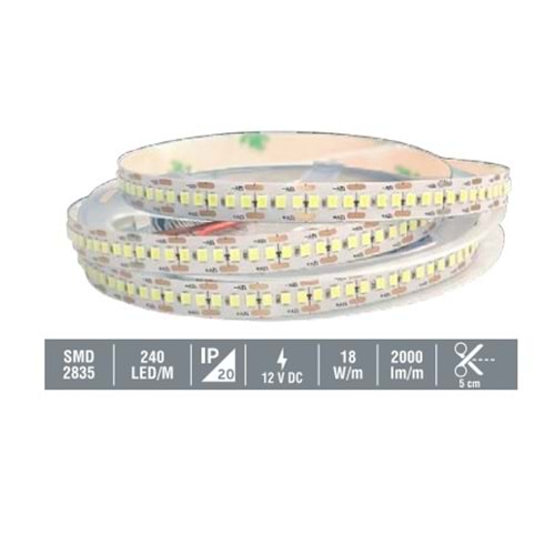 İnoled 4316-01 12 Volt 2835 Beyaz 3 Çip Silikonsuz Şerit Led 240 Led - 5 Metre