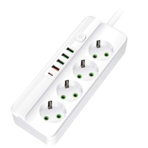 Cvs DN-9274 3 Usb ve 1 Type-C Girişli 4 Lü Priz 2 Metre Akım Korumalı Kablolu Priz SB