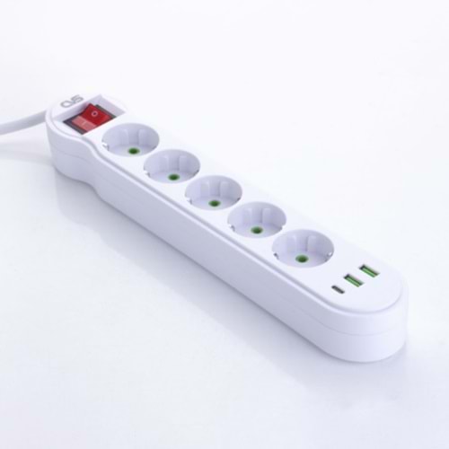 Cvs DN-9277 2 Usb ve 1 Type-C Girişli 5 Li Priz 2 Metre Anahtarlı Akım Korumalı Kablolu Priz Siyah