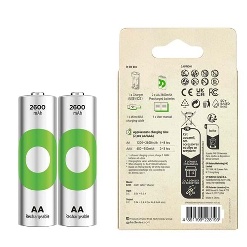 Gp Recyko E221 2x2600 mAh R6 AA Pilli Şarj Cihazı (GP-E221/270AHCER21-2GTLB2)