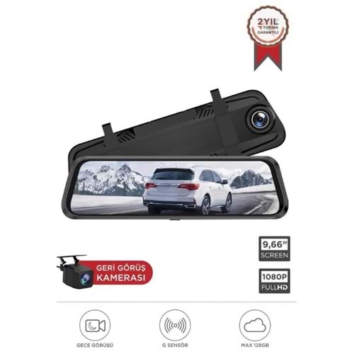 Lenovo V7AHD Siyah 1080P Araç içi 9.6inç Dokunmatik Dikiz Ayna Gece Görüşü Ön ve Arka Araç Kamerası