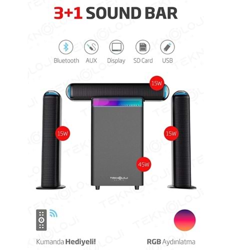 Hepu HP-TV01 3+1 Rgb Kablolu 45w Amfi· 15wx3 Soundbar Ev Sinema ve Ses Sistemi