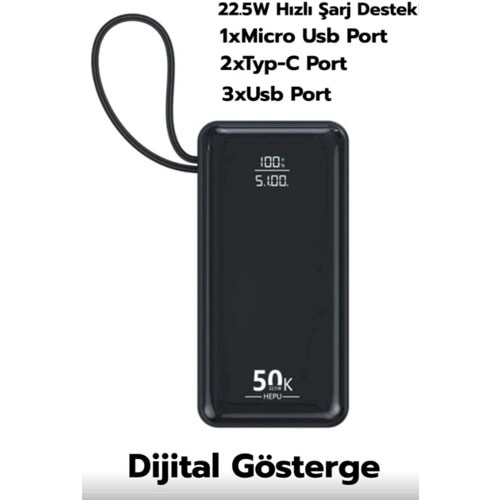 Hepu HP-255 50.000Mah 22.5W Siyah LCD 1xMicro 2xType-C 3xUsb Port Powerbank