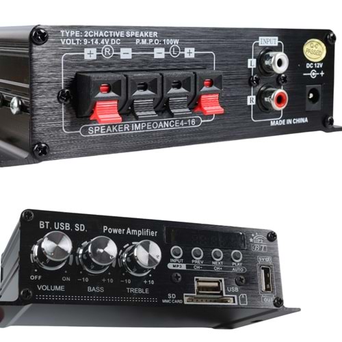 Magicvoice YW-406L 12 Volt 100 Watt Motosiklet Bluetooth Amfi USB/SD 2 Kanal Pazarcı - Anfi (154X80X42Mm)