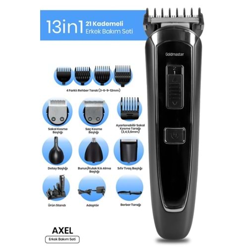 Goldmaster GM-9124 Axel 13in1 Hızlı Şarj Özellikli Kablolu Kablosuz Paslanmaz Çelik 21 Kademeli Erkek Bakım Seti