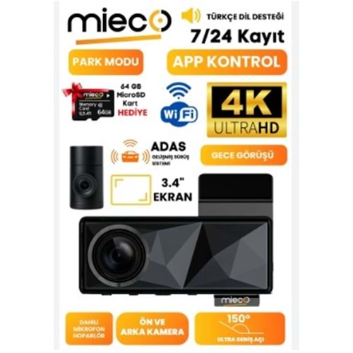 Mieco A11 Wifi/ 4K UHD/ 150° Ultra Geniş Açı/ GPS/ ADAS/ Ön+Arka Araç Kamerası