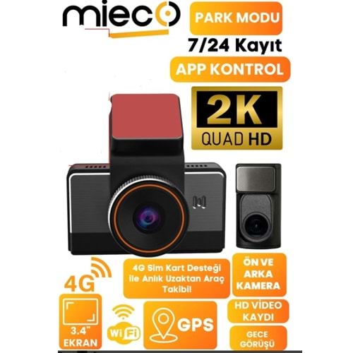 Mieco G4 2K QHD / GPS / 4G / Wifi / 140° Geniş Açı / Gece Görüşü / Ön + Arka Kamera / Sim Kartlı Araç Kamerası