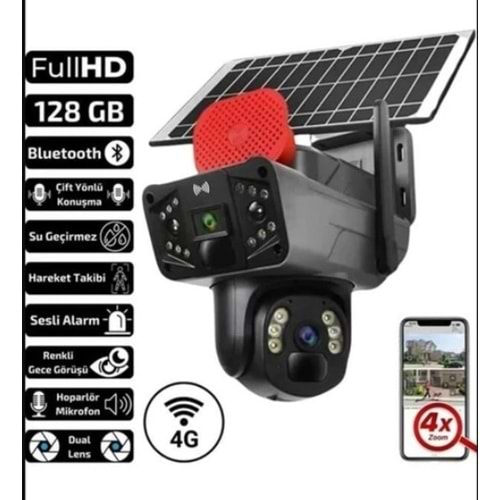 O-KAM Pro 3815 4G Sim Kartlı Solar Siren + Çift Yön Ses + Işık IP66 Kamera 6MP 2 Lens 3 Görüntü