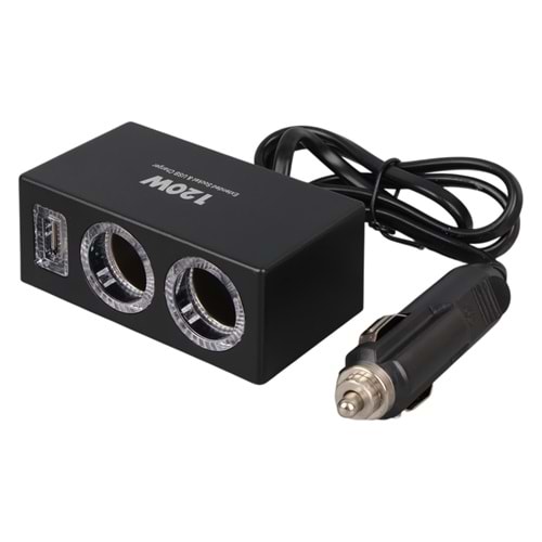 Olesson 1522 12-24V Tek USB Girişli 120W 80cm Kablolu 2'li Araç Çakmak Çoklayıcı