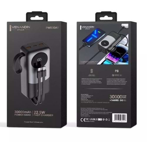Venandin PWB30A1 30.000 Mah Led Göstergeli 22.5w Hızlı Kendinden kablolu Powerbank