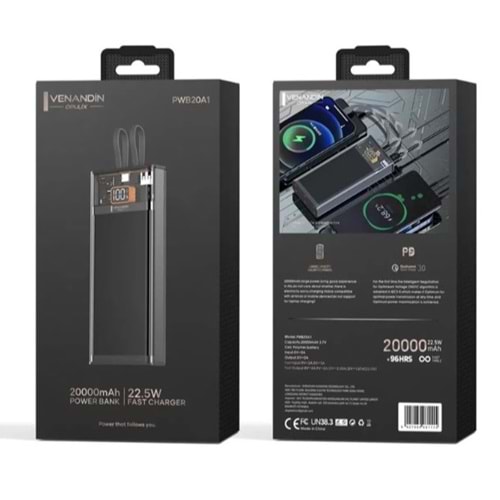 Venandin PWB20A1 20.000 Mah Led Göstergeli 22.5W Hızlı Kendinden Kablolu Powerbank