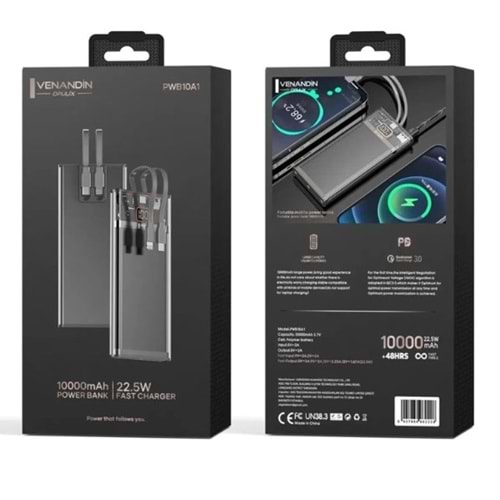 Venandin PWB10A1 10.000 Mah Led Göstergeli 22.5W Hızlı Kendinden Kablolu Powerbank