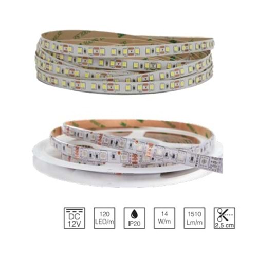 İnoled 4315-02 12 Volt 2835 Günışığı Silikonlu 3 Çip Şerit Led 120 Led - 5 Metre